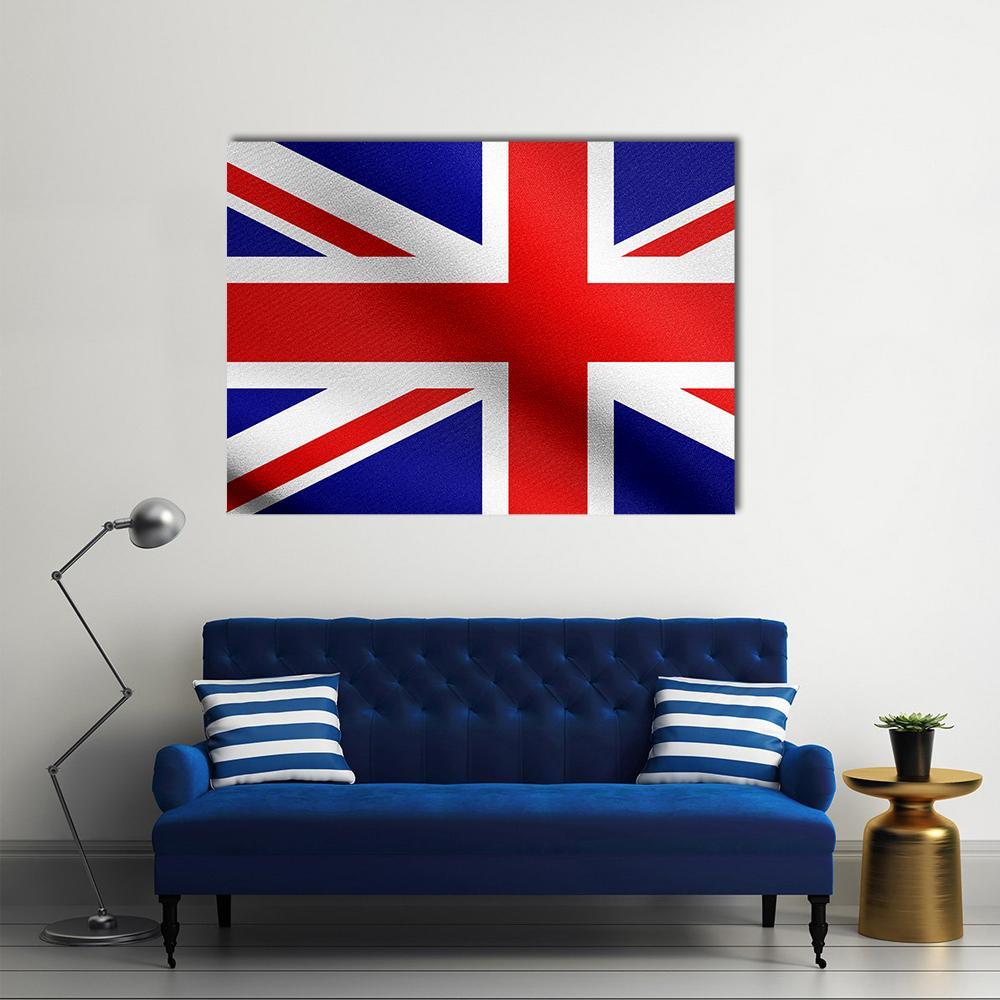 Union Jack Flag Canvas Wall Art in white, red and blue, single panel hung on a wall