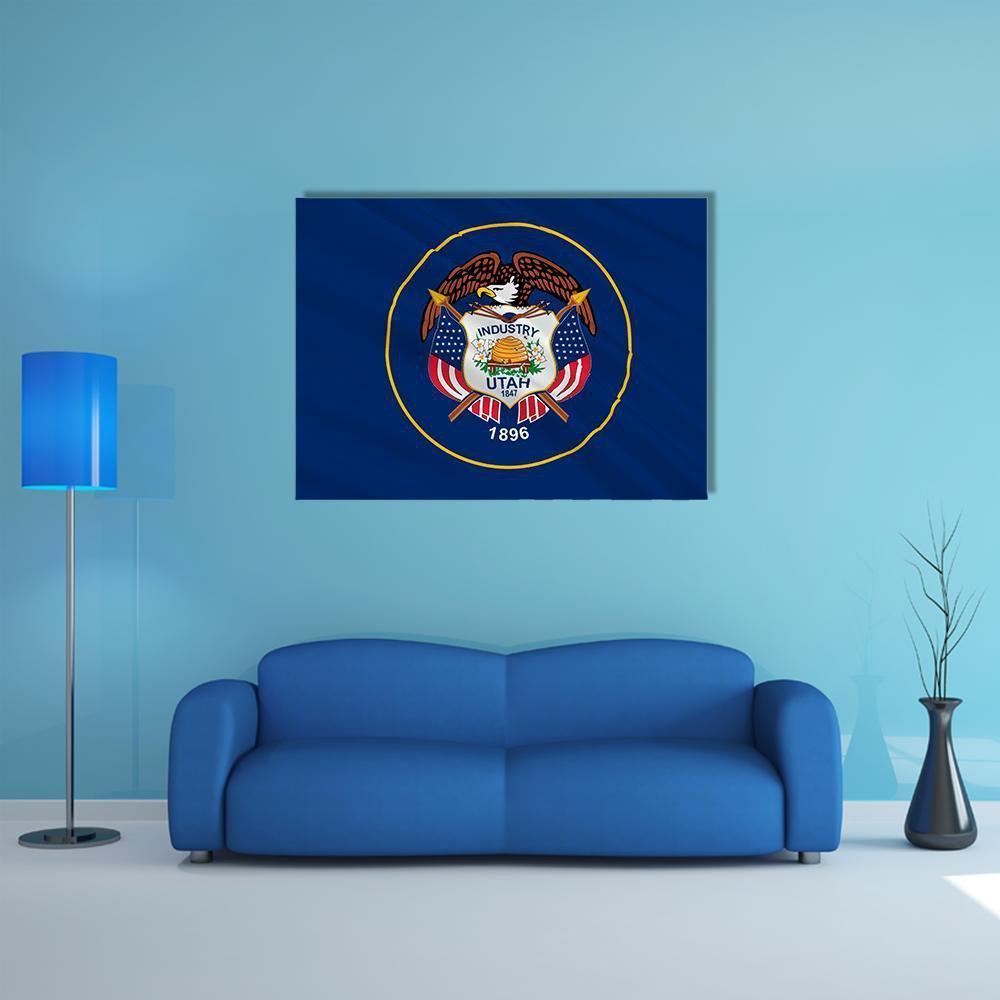 Former Utah State Flag 1913–2024 Canvas Wall Art in gold, blue and navy, single panel hung on a wall