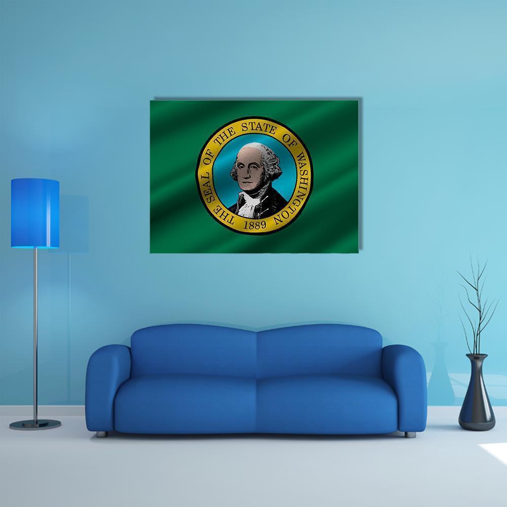 Washington State Flag with George Washington Portrait Canvas Wall Art in gold and green, single panel hung on a wall