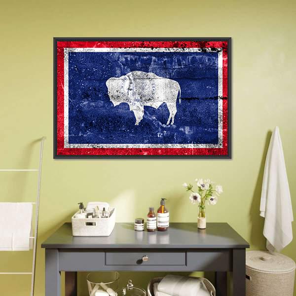 Wyoming State Flag with Bison Canvas Wall Art in white, red and blue, framed canvas, product view on a white background