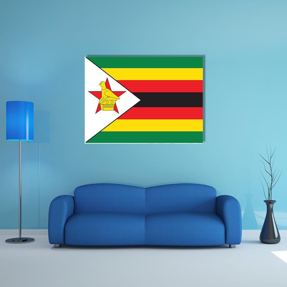 Zimbabwe Flag with Bird and Red Star Canvas Wall Art in red, yellow and green, single panel hung on a wall