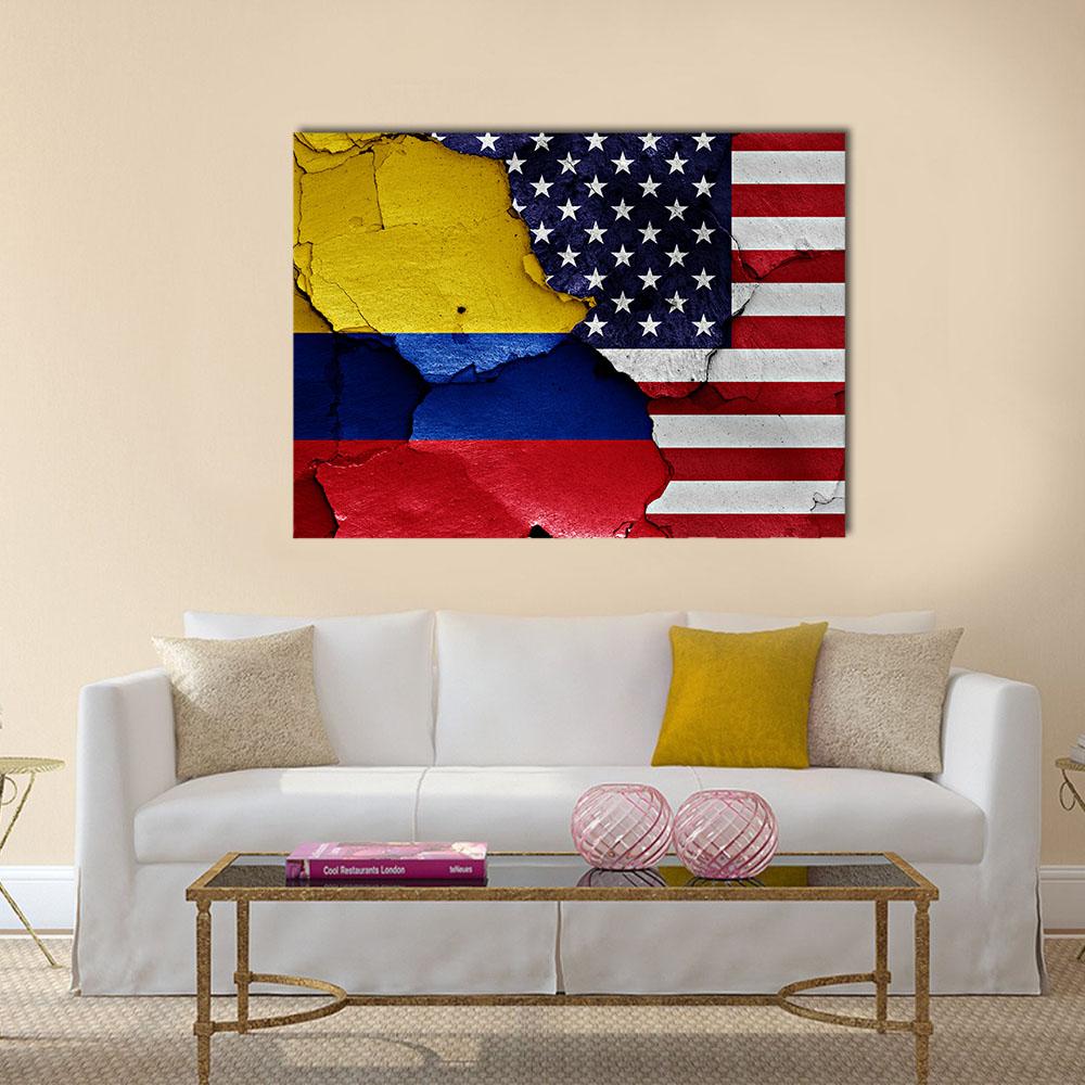 Colombian and American Weathered Flag Canvas Wall Art in red, yellow and blue, single panel hung on a wall