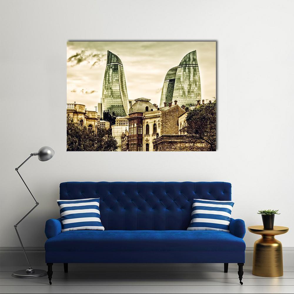 Flame Towers Over Historic Baku Skyline Canvas Wall Art in gray, beige and brown, single panel hung on a wall