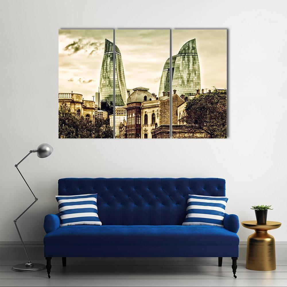 Flame Towers In Baku Canvas Wall Art-3 Horizontal-Gallery Wrap-37" x 24"-Tiaracle