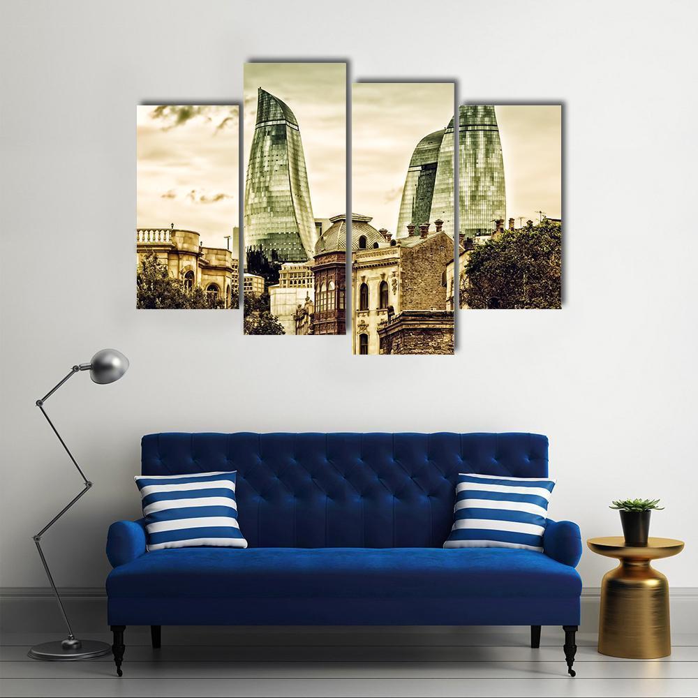 Flame Towers In Baku Canvas Wall Art-4 Pop-Gallery Wrap-50" x 32"-Tiaracle