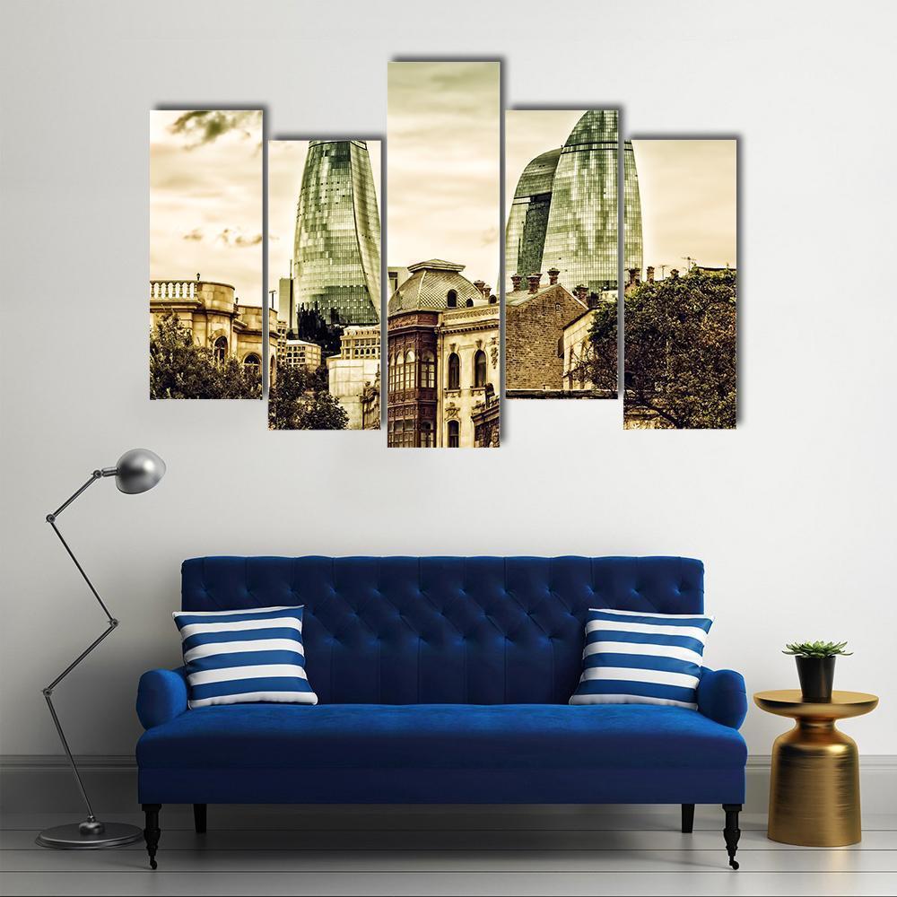 Flame Towers In Baku Canvas Wall Art-5 Pop-Gallery Wrap-47" x 32"-Tiaracle
