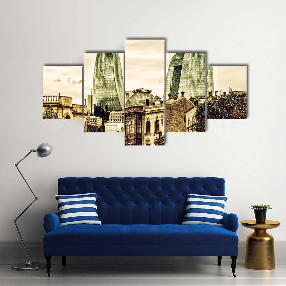 Flame Towers In Baku Canvas Wall Art-5 Star-Gallery Wrap-62" x 32"-Tiaracle