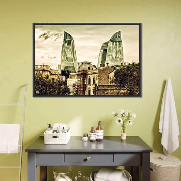 Flame Towers in Baku Canvas Wall Art in gray, beige and brown, framed canvas, product view on a white background