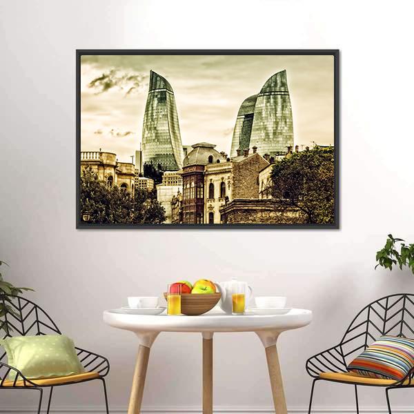 Flame Towers In Baku Canvas Wall Art-3 Horizontal-Gallery Wrap-25" x 16"-Tiaracle
