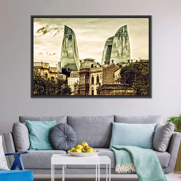 Flame Towers In Baku Canvas Wall Art-3 Horizontal-Gallery Wrap-25" x 16"-Tiaracle