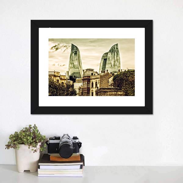 Flame Towers In Baku Canvas Wall Art-1 Piece-Framed Print-20" x 16"-Tiaracle