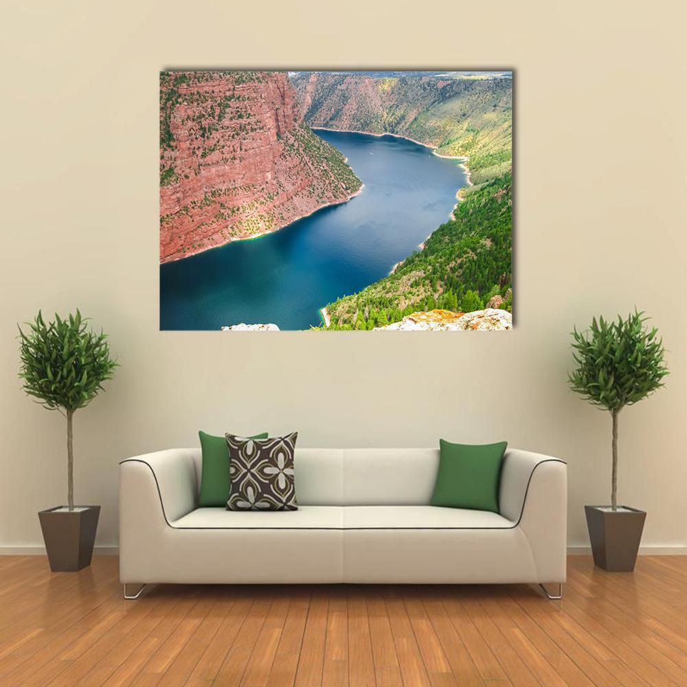 Flaming Gorge Winding River and Red Cliffs Canvas Wall Art in red, green and blue, single panel hung on a wall