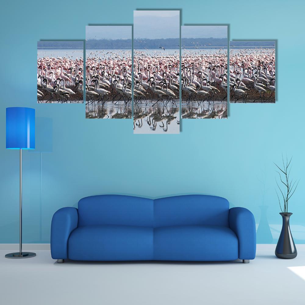 Flamingo At Lake Nakuru Canvas Wall Art-5 Pop-Gallery Wrap-47" x 32"-Tiaracle