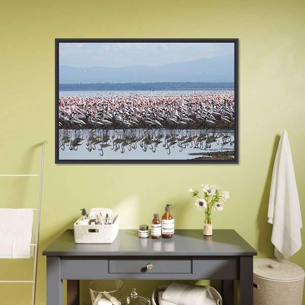 Flamingo At Lake Nakuru Canvas Wall Art-1 Piece-Floating Frame-24" x 16"-Tiaracle