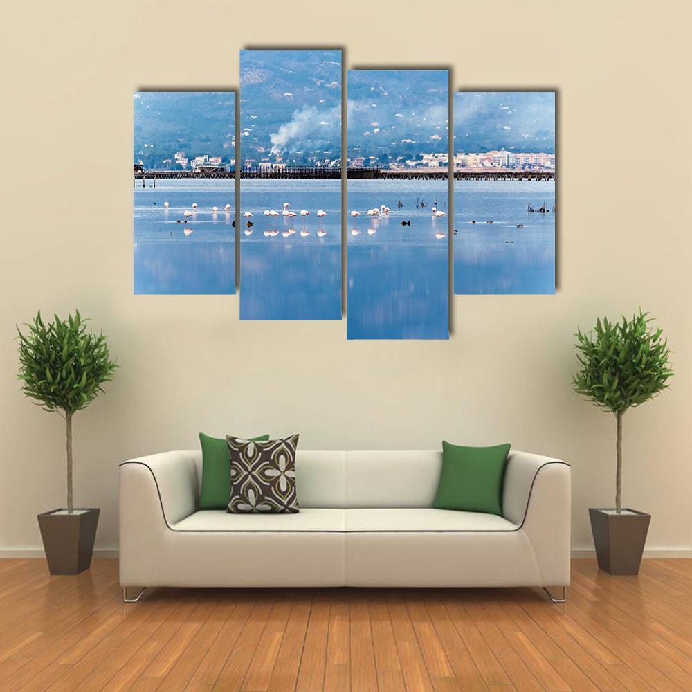 Flamingo Group In Water Canvas Wall Art-4 Pop-Gallery Wrap-50" x 32"-Tiaracle