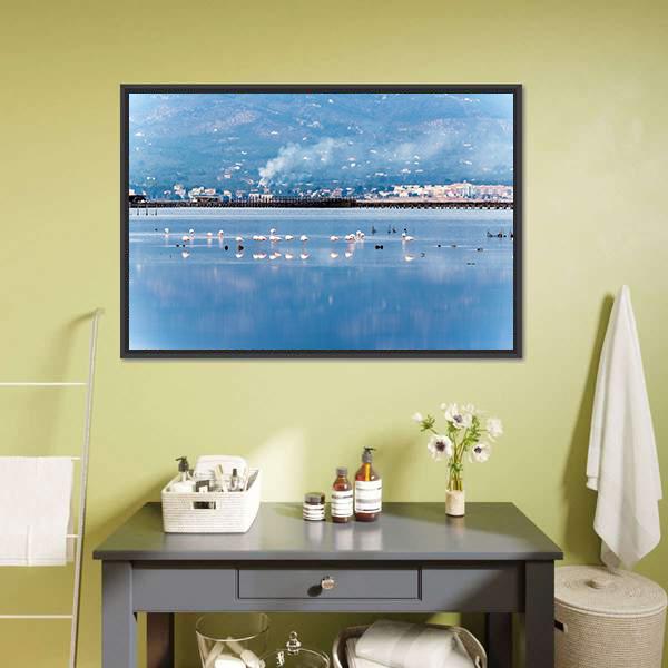 Flamingo Group In Water Canvas Wall Art-1 Piece-Floating Frame-24" x 16"-Tiaracle