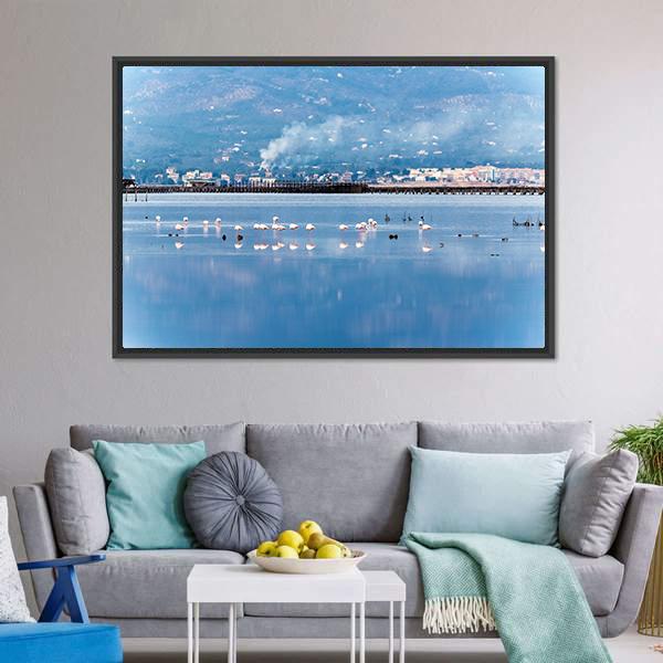 Flamingo Group In Water Canvas Wall Art-3 Horizontal-Gallery Wrap-25" x 16"-Tiaracle