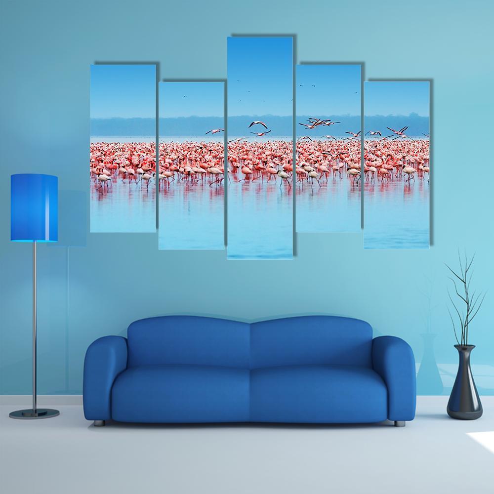 Flamingos In Lake Nakuru Canvas Wall Art-5 Pop-Gallery Wrap-47" x 32"-Tiaracle
