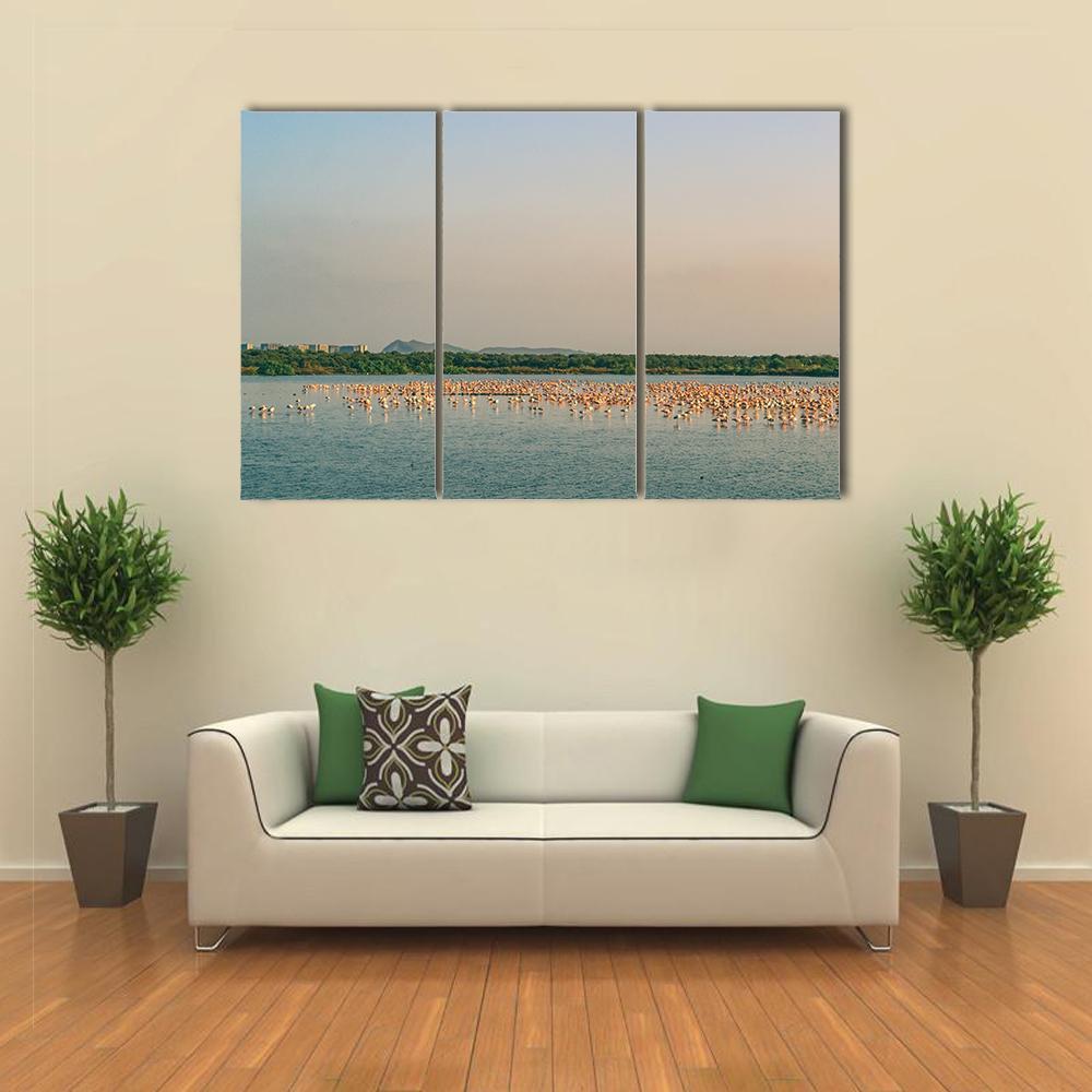 Flamingos Resting On Lake Canvas Wall Art-3 Horizontal-Gallery Wrap-37" x 24"-Tiaracle