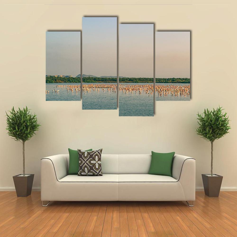 Flamingos Resting On Lake Canvas Wall Art-4 Pop-Gallery Wrap-50" x 32"-Tiaracle