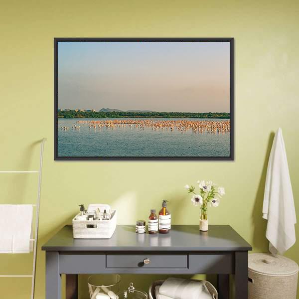 Flamingos Resting On Lake Canvas Wall Art-3 Horizontal-Gallery Wrap-25" x 16"-Tiaracle