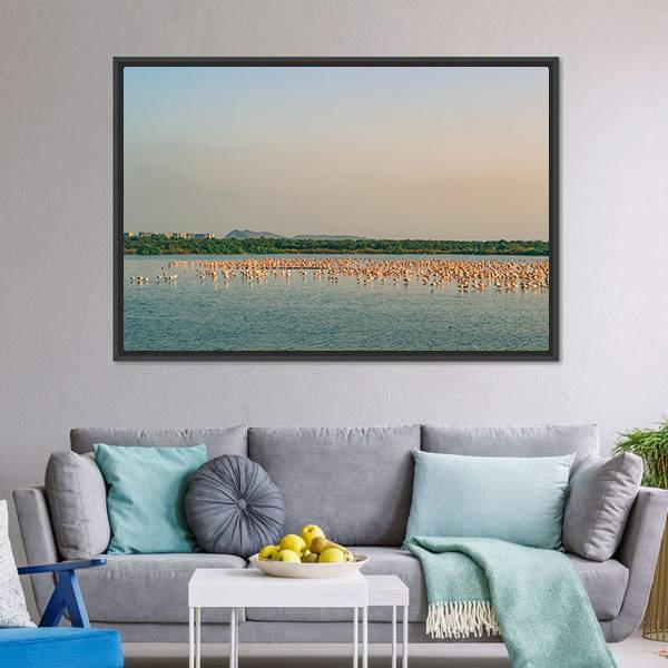 Flamingos Resting On Lake Canvas Wall Art-1 Piece-Floating Frame-24" x 16"-Tiaracle