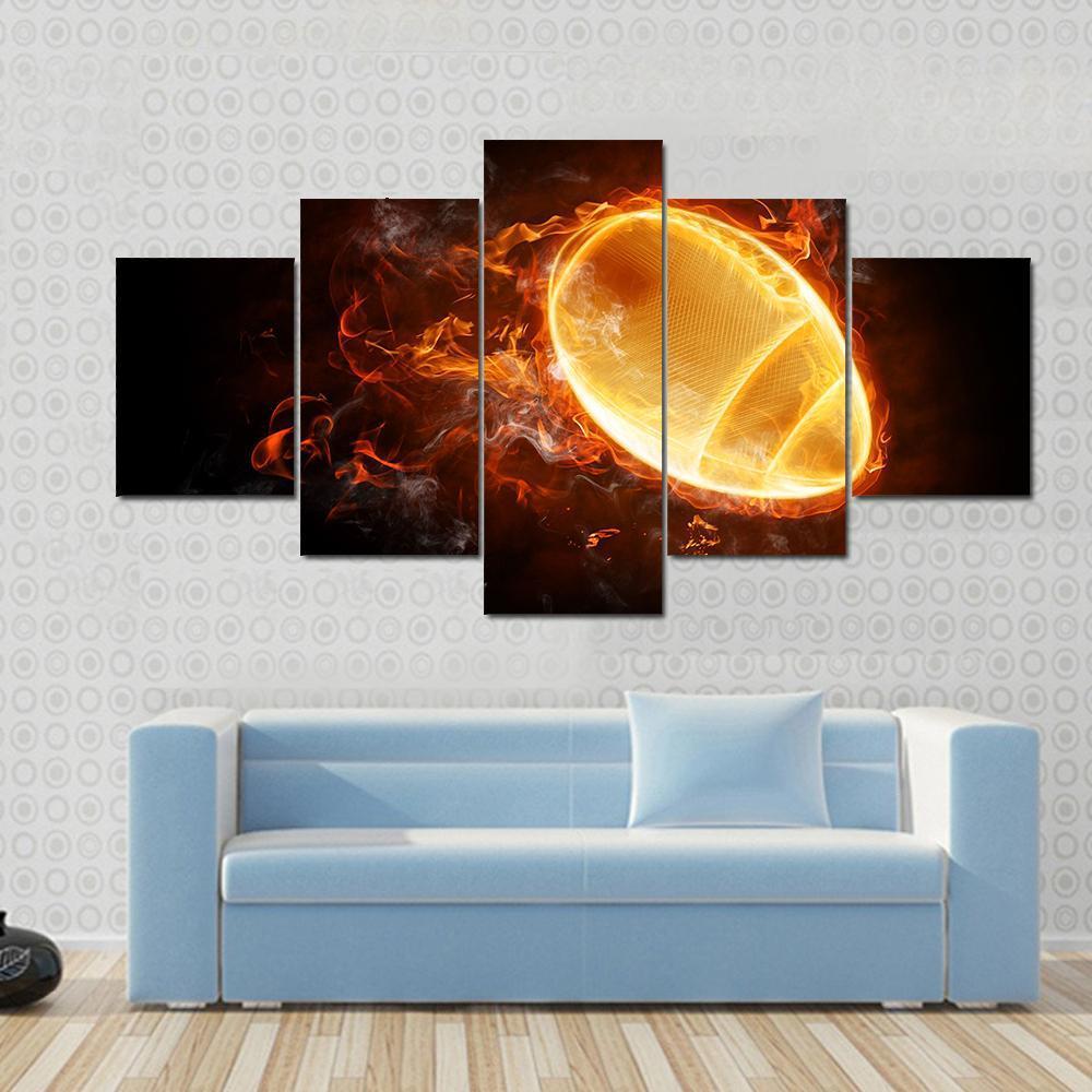 Flamy Football Canvas Wall Art-5 Star-Gallery Wrap-62&quot; x 32&quot;-Tiaracle