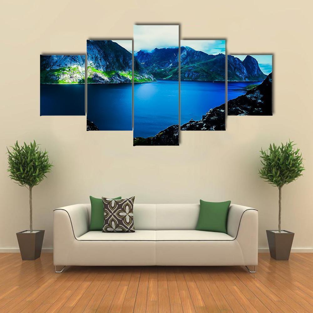 Flat Water In Quite Fjord Canvas Wall Art-5 Star-Gallery Wrap-62" x 32"-Tiaracle