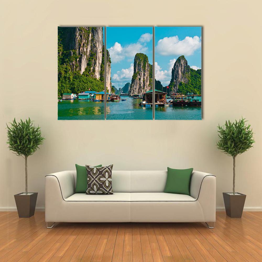 Floating Fishing Village Canvas Wall Art-3 Horizontal-Gallery Wrap-37" x 24"-Tiaracle