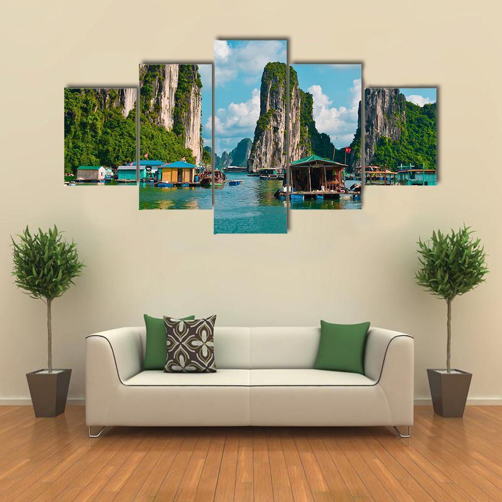 Floating Fishing Village Canvas Wall Art-5 Star-Gallery Wrap-62" x 32"-Tiaracle