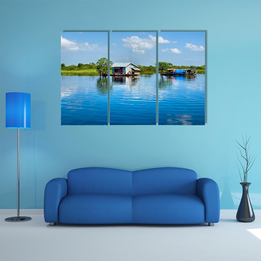 Floating House In Lake Canvas Wall Art-3 Horizontal-Gallery Wrap-37" x 24"-Tiaracle