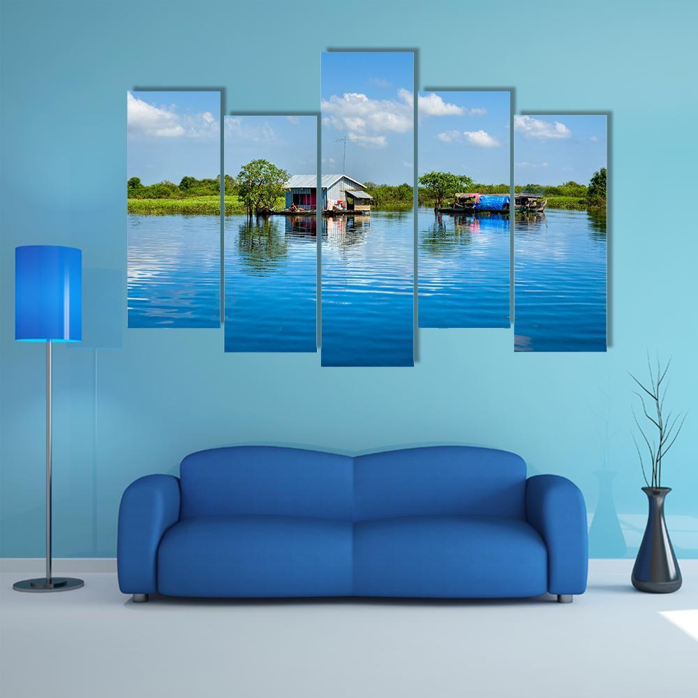 Floating House In Lake Canvas Wall Art-5 Pop-Gallery Wrap-47" x 32"-Tiaracle