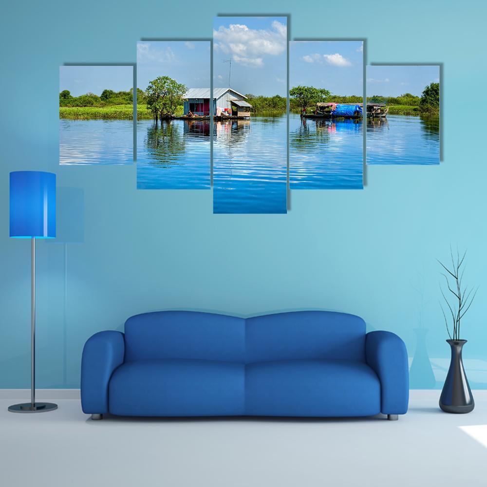 Floating House In Lake Canvas Wall Art-4 Pop-Gallery Wrap-50" x 32"-Tiaracle