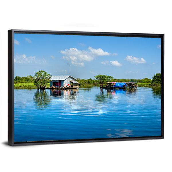 Floating House In Lake Canvas Wall Art-3 Horizontal-Gallery Wrap-25" x 16"-Tiaracle