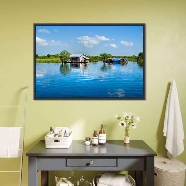 Floating House In Lake Canvas Wall Art-1 Piece-Floating Frame-24" x 16"-Tiaracle