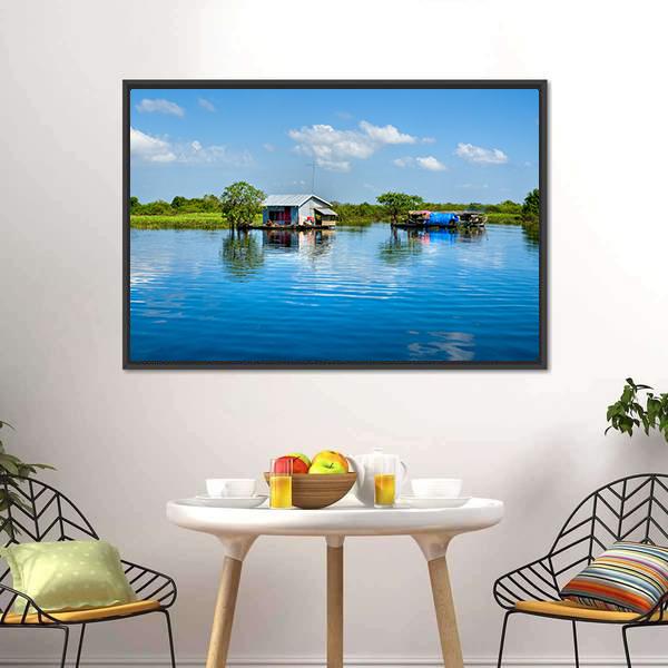 Floating House In Lake Canvas Wall Art-3 Horizontal-Gallery Wrap-25" x 16"-Tiaracle