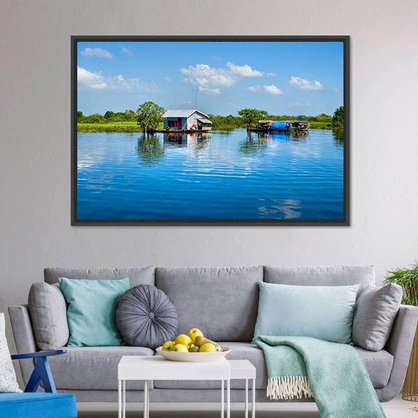 Floating House In Lake Canvas Wall Art-3 Horizontal-Gallery Wrap-25" x 16"-Tiaracle