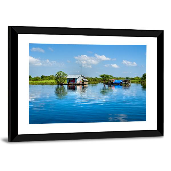 Floating House In Lake Canvas Wall Art-3 Horizontal-Gallery Wrap-25" x 16"-Tiaracle