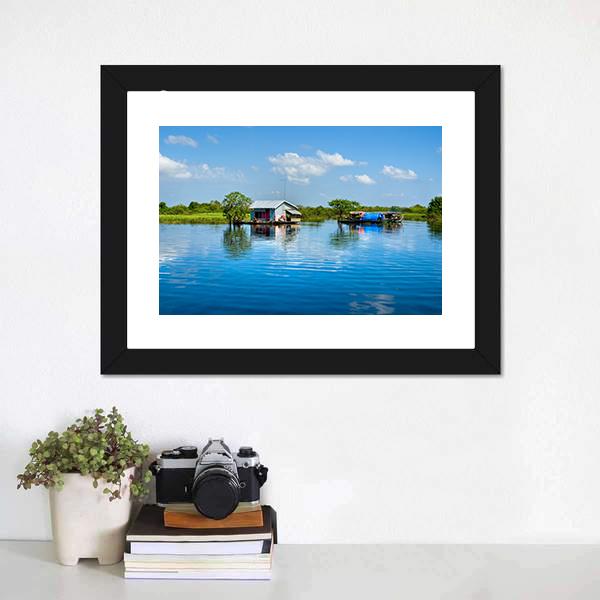 Floating House In Lake Canvas Wall Art-1 Piece-Framed Print-20" x 16"-Tiaracle