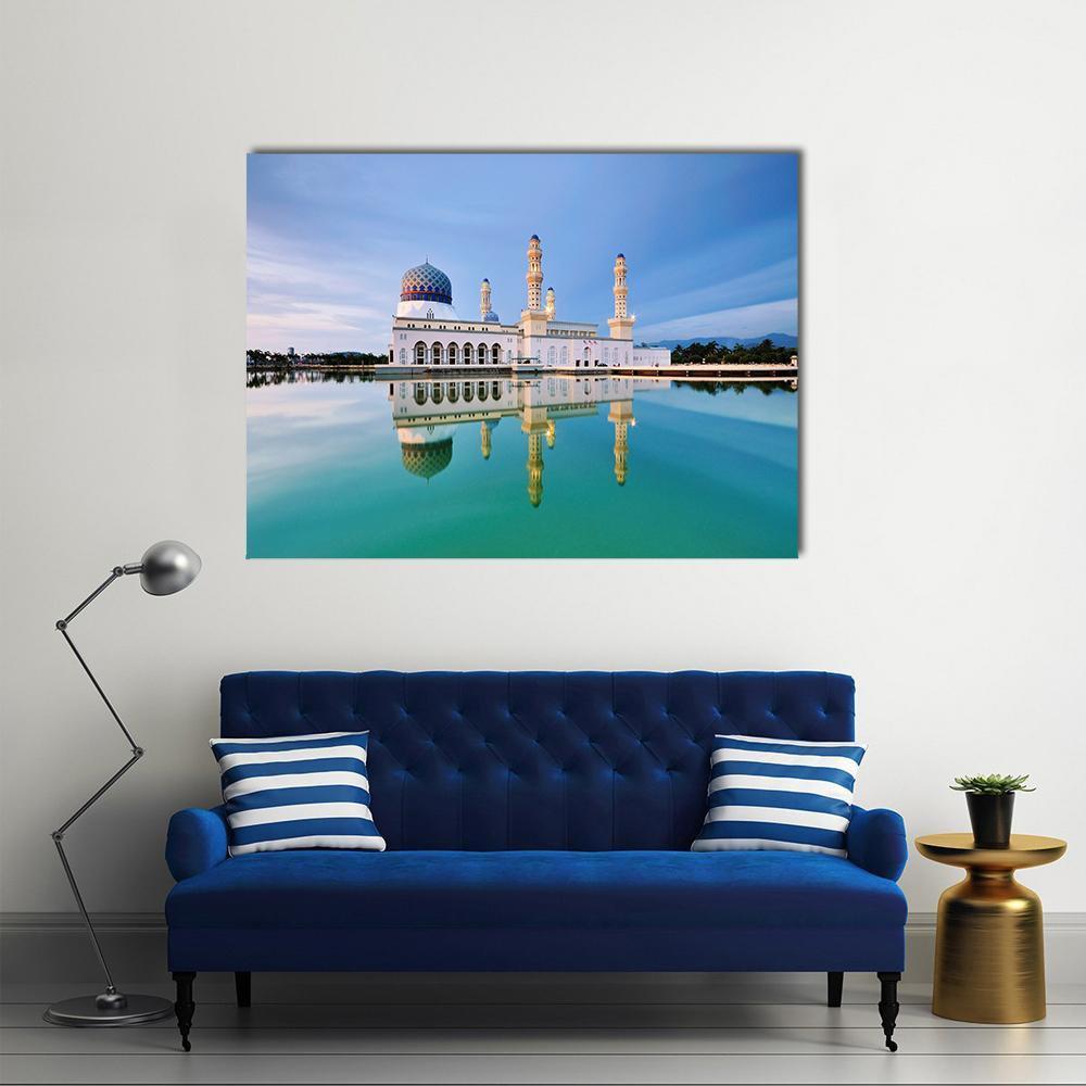 Kota Kinabalu Floating Mosque at Dusk Canvas Wall Art in white and blue, single panel hung on a wall