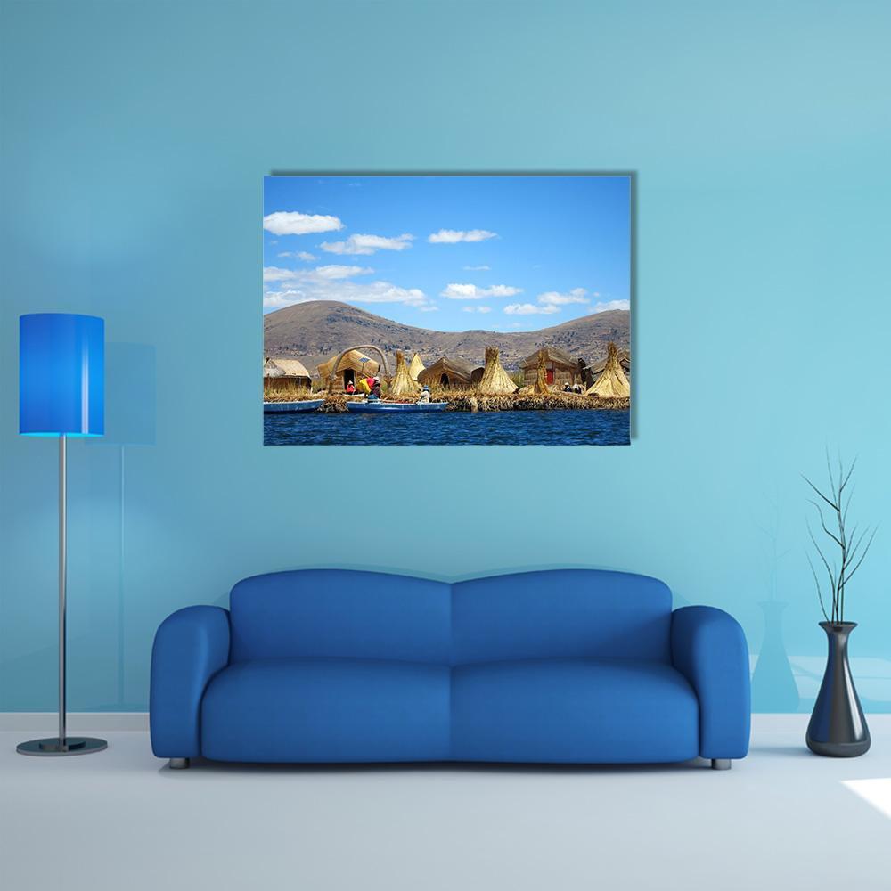 Floating Uros Islands Canvas Wall Art in brown and blue, single panel hung on a wall