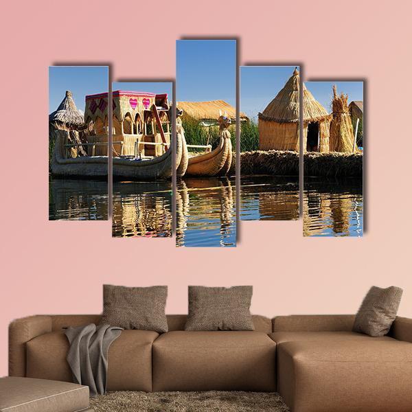 Floating Uros Islands Peru Canvas Wall Art-5 Pop-Gallery Wrap-47" x 32"-Tiaracle