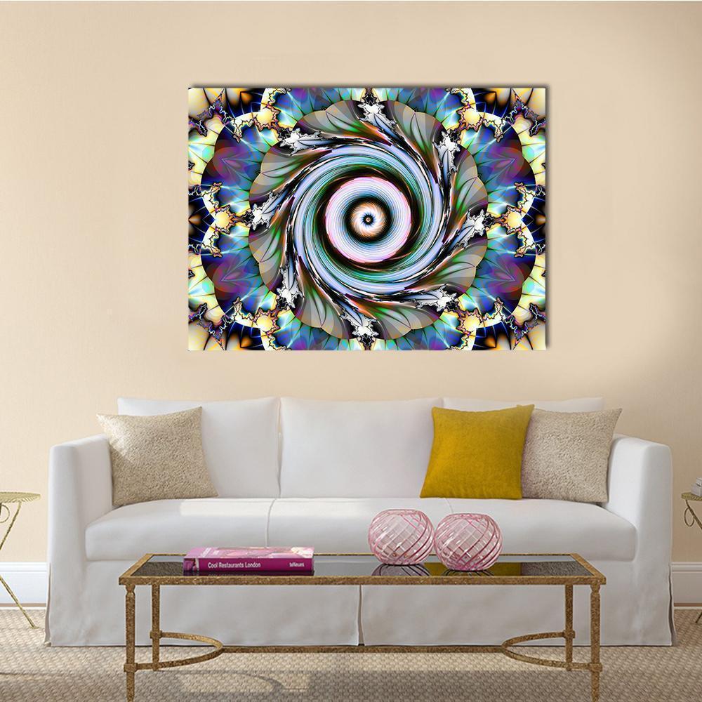 Concentric Blue Purple Mandala Canvas Wall Art in blue, purple and multicolor, single panel hung on a wall
