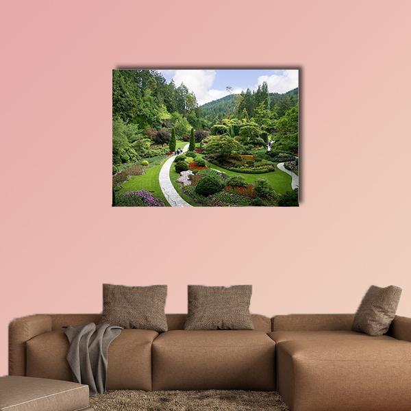 Winding Botanical Garden Path Canvas Wall Art in white and green, single panel hung on a wall