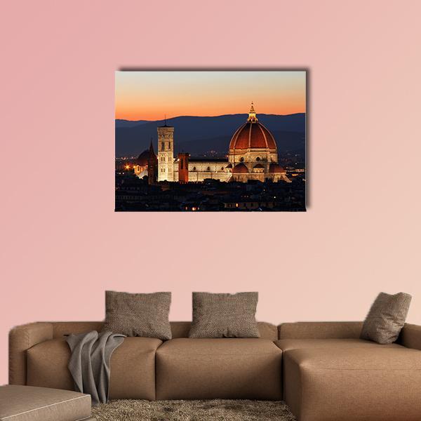 Florence Duomo Dome at Sunset Canvas Wall Art in brown, orange and blue, single panel hung on a wall