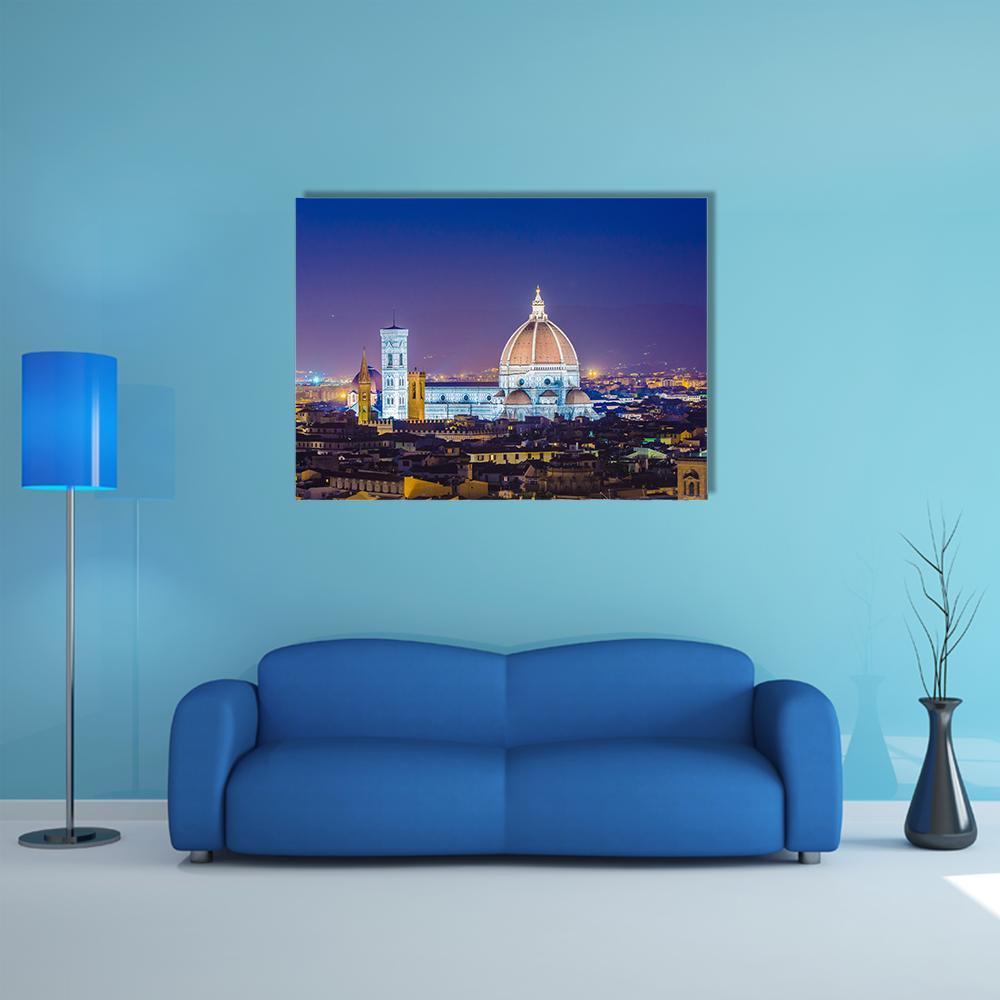 Florence Twilight with Duomo and Campanile Canvas Wall Art in yellow, blue and purple, single panel hung on a wall