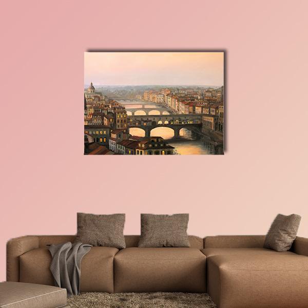 Sunset Over Florence Canvas Wall Art in brown, orange and yellow, single panel hung on a wall