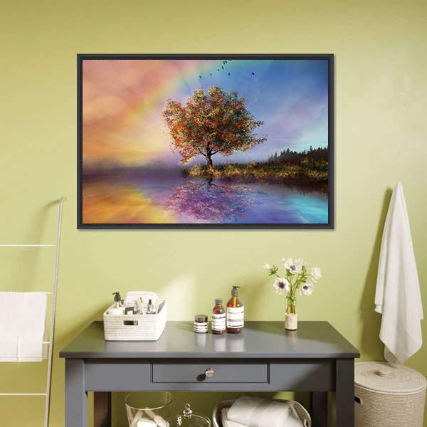 Flowered Tree &amp; Rainbow Canvas Wall Art-1 Piece-Floating Frame-24" x 16"-Tiaracle