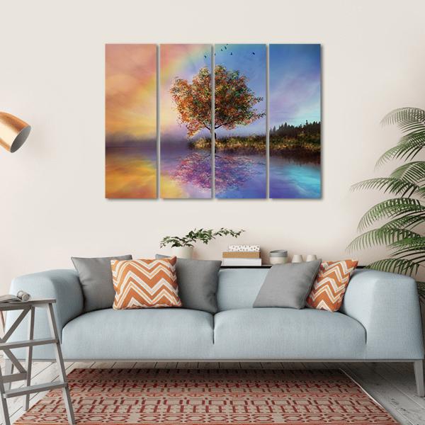 Flowered Tree & Rainbow Canvas Wall Art-4 Horizontal-Gallery Wrap-34" x 24"-Tiaracle