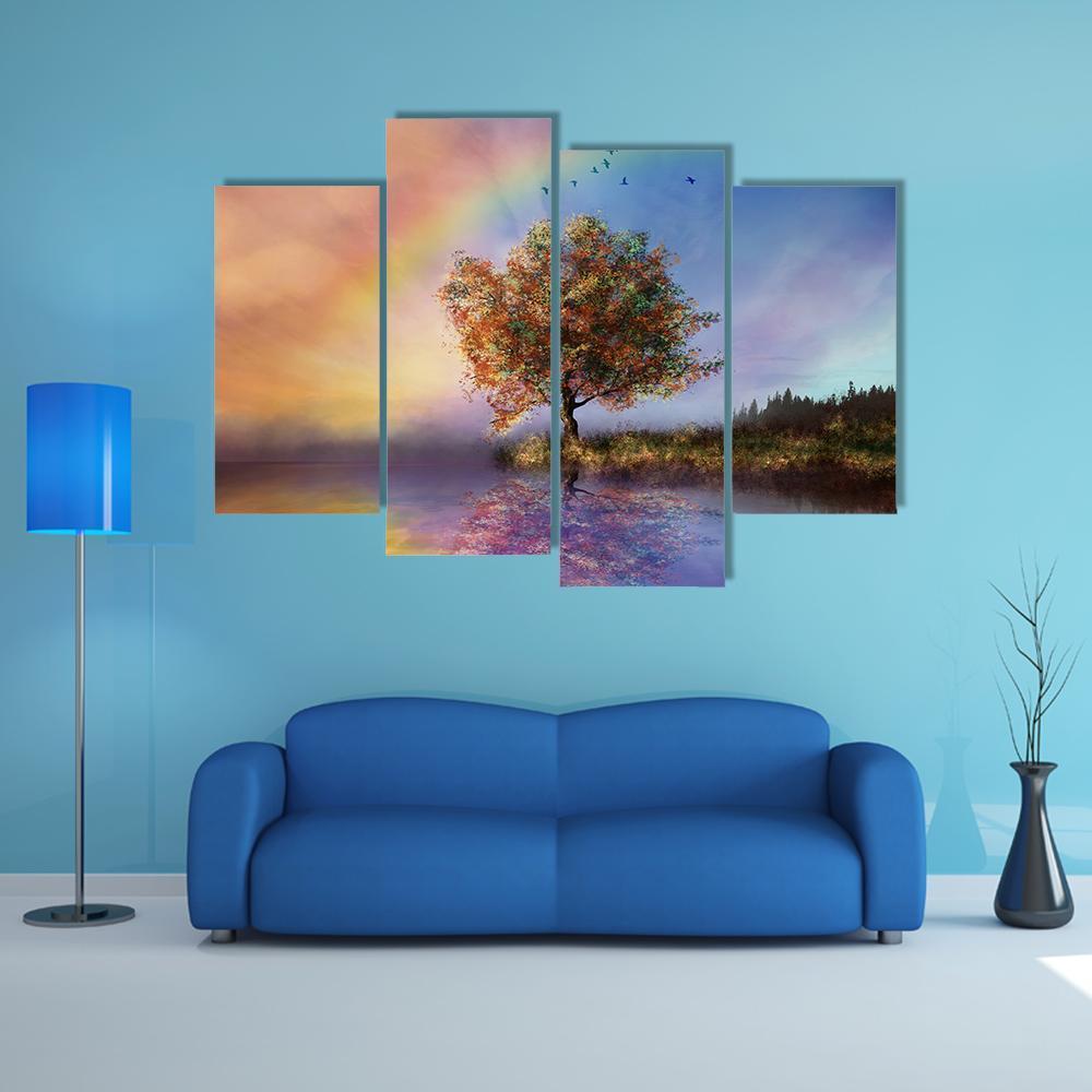 Flowered Tree &amp; Rainbow Canvas Wall Art-4 Pop-Gallery Wrap-50" x 32"-Tiaracle